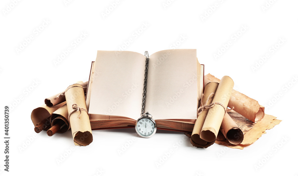 Old book with scrolls and compass on white background