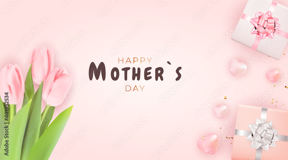 Happy Mother`s Day Card with Realistic Tulip Flowers. Vector Illustration EPS10