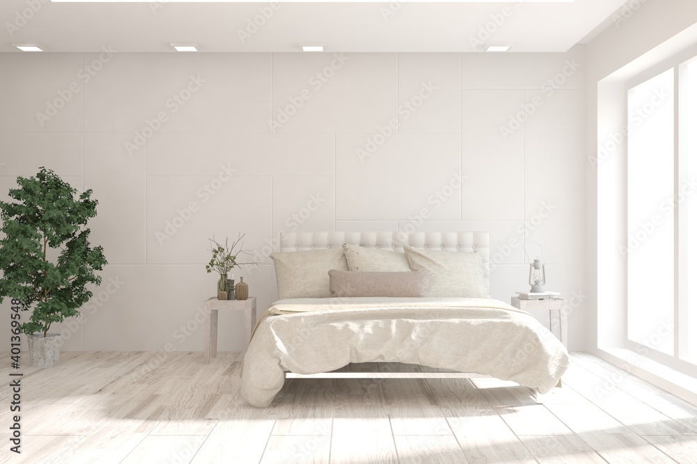 White bedroom interior. Scandinavian design. 3D illustration