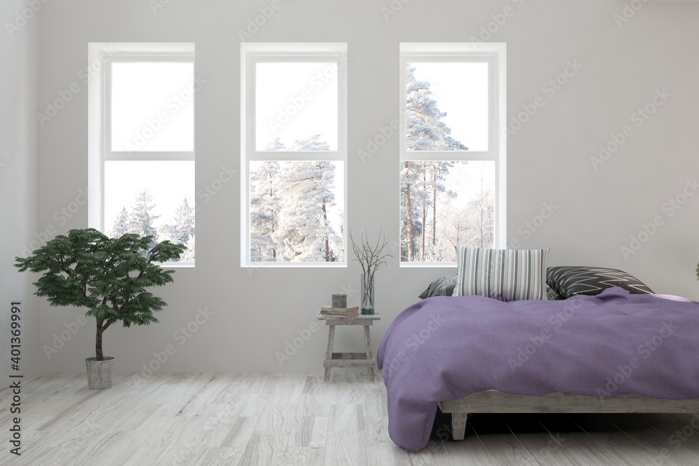 White bedroom interior. Scandinavian design. 3D illustration