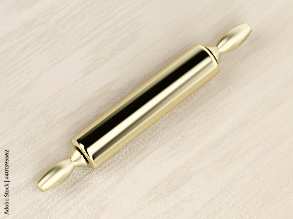 Golden rolling pin on the wooden table, top view