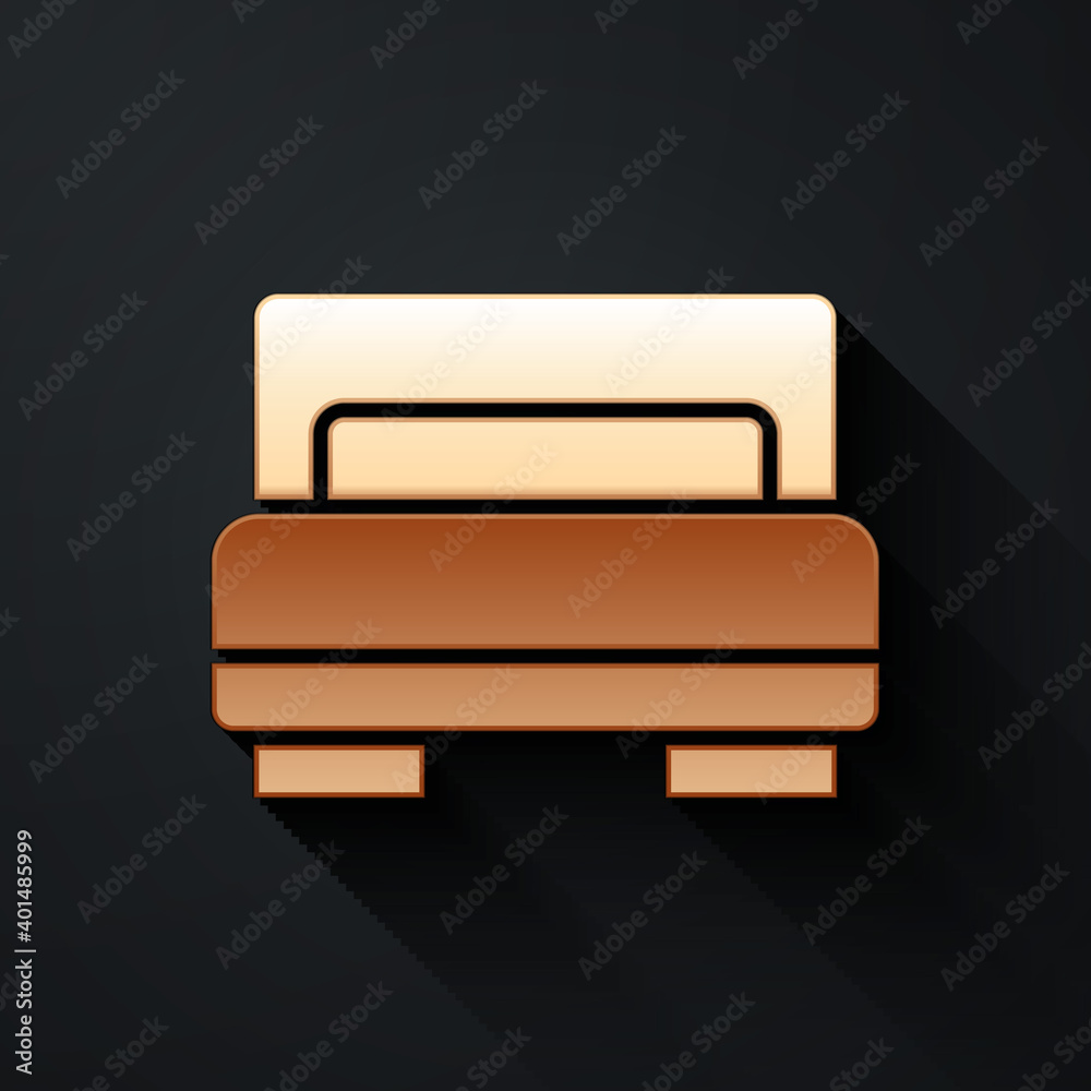 Gold Hotel room bed icon isolated on black background. Long shadow style. Vector.