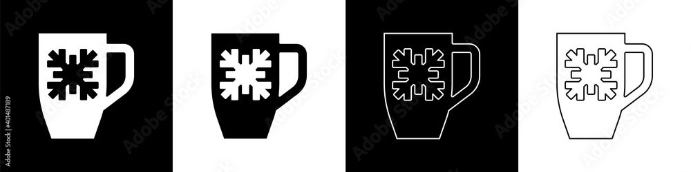 Set Coffee cup with snowflake icon isolated on black and white background. Tea cup. Hot drink coffee