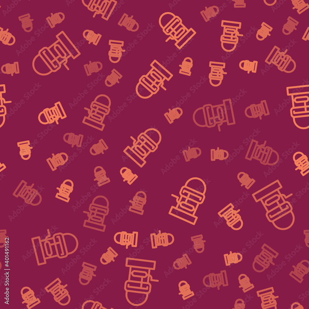 Brown line Well with a bucket and drinking water icon isolated seamless pattern on red background. V