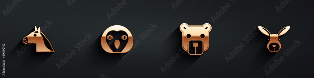 Set Horse head, Owl bird, Bear and Rabbit icon with long shadow. Vector.