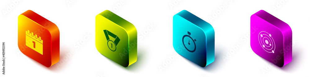 Set Isometric Calendar first september date, Medal, Stopwatch and Solar system icon. Vector.