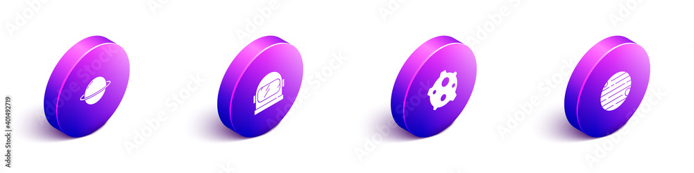 Set Isometric Planet Saturn, Astronaut helmet, Asteroid and icon. Vector.