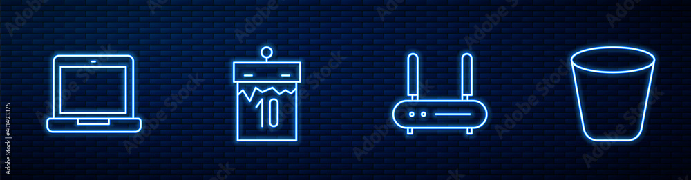设置线路路由器和wi-fi信号、笔记本电脑、日历和垃圾桶。砖墙上闪烁的霓虹灯图标。V