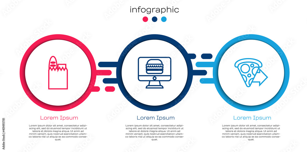 Set line Shopping bag and food, Online ordering delivery and pizza. Business infographic template. V