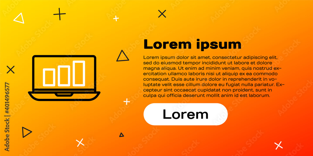 带图表图标的笔记本电脑，黄色背景隔离。报告文本文件图标。会计