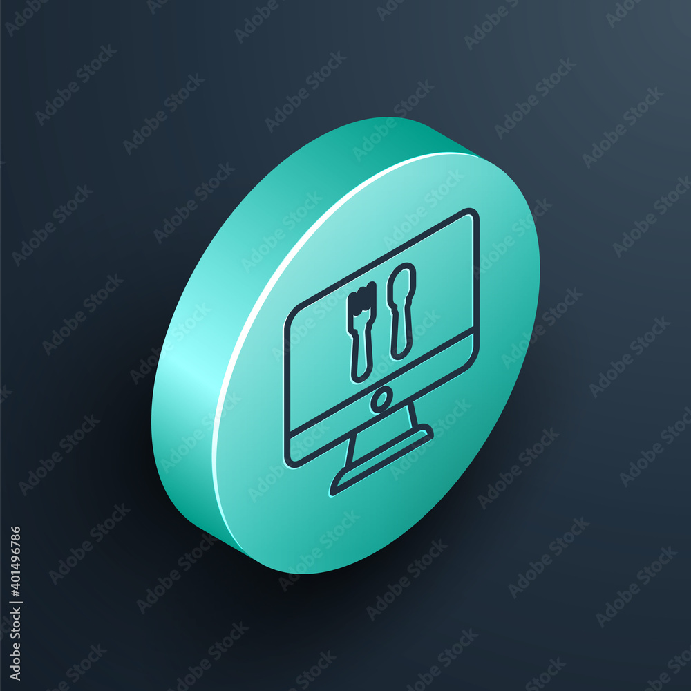 Isometric line Online ordering and fast food delivery icon isolated on black background. Turquoise c