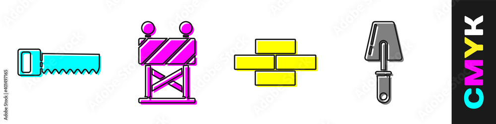 设置手锯、道路护栏、砖块和镘刀图标。矢量。