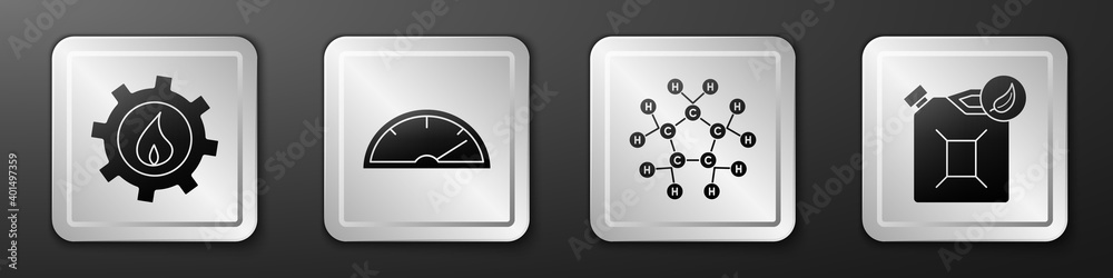 Set Oil industrial factory building, Speedometer, Molecule oil and Bio fuel canister icon. Silver sq