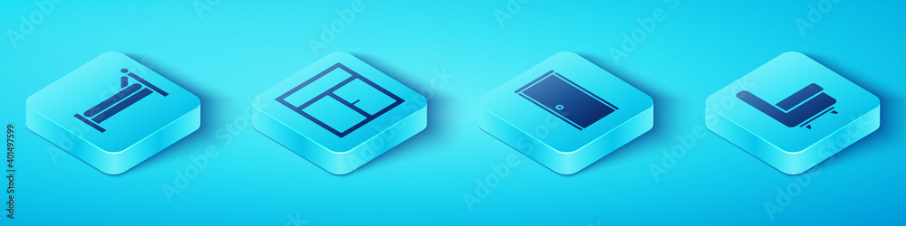 Set Isometric Bed, Window in the room, Armchair and Closed door icon. Vector.