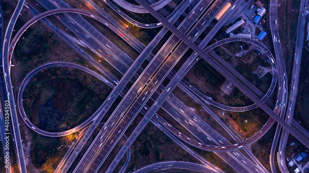 Aerial top view expressway transport traffic road with vehicle movement logistic, Interchange expres