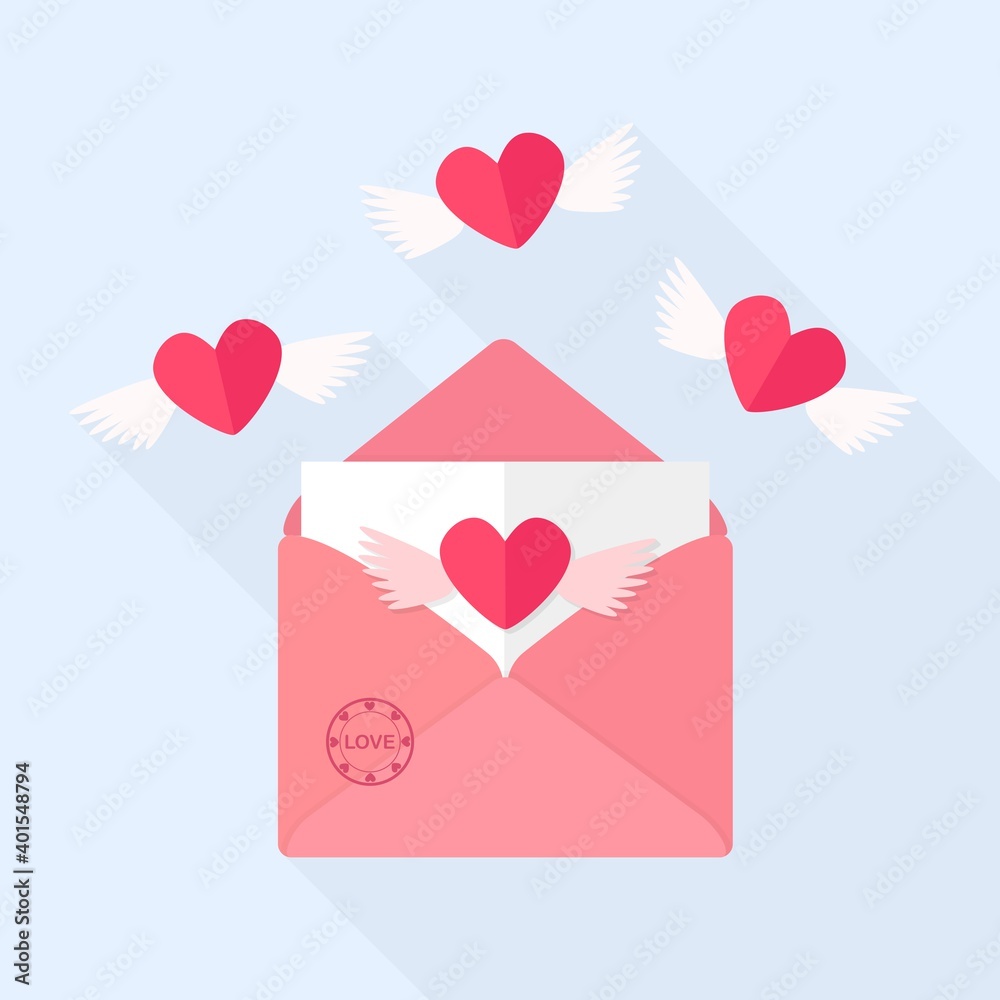 Envelope with love message, open letter with flying hearts. Happy valentines day