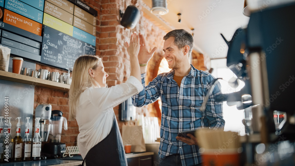 Two Diverse Entrepreneurs Have a Team Meeting in Their Stylish Coffee Shop. Barista and Cafe Owner D