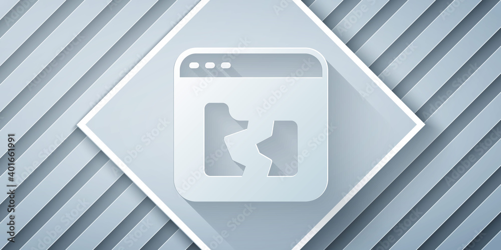 Paper cut Broken file icon isolated on grey background. Paper art style. Vector.