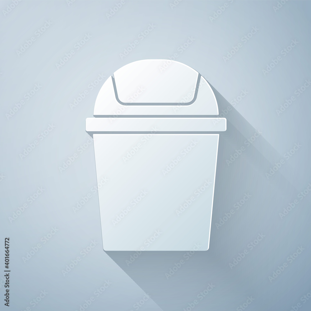 Paper cut Trash can icon isolated on grey background. Garbage bin sign. Recycle basket icon. Office 