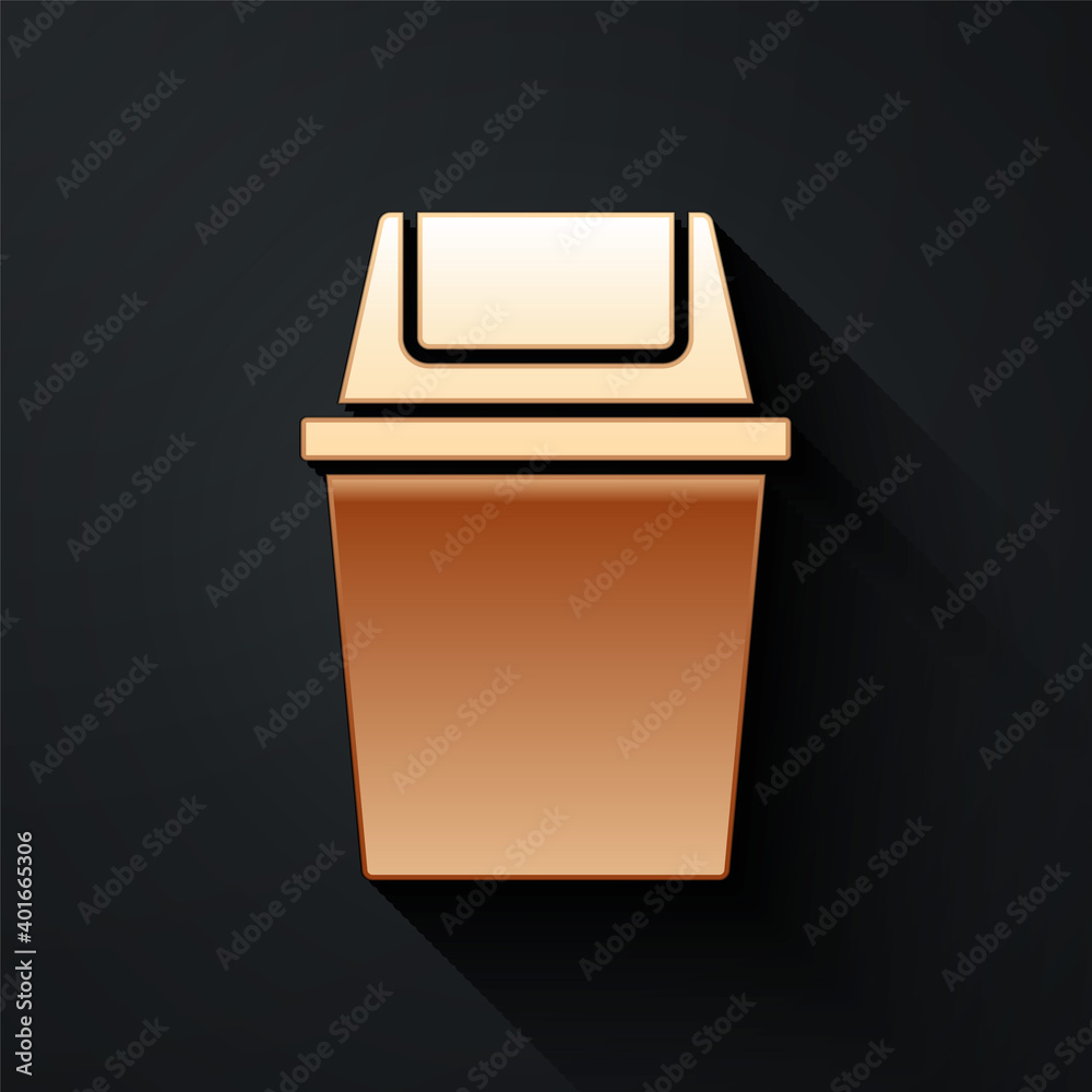 Gold Trash can icon isolated on black background. Garbage bin sign. Recycle basket icon. Office tras