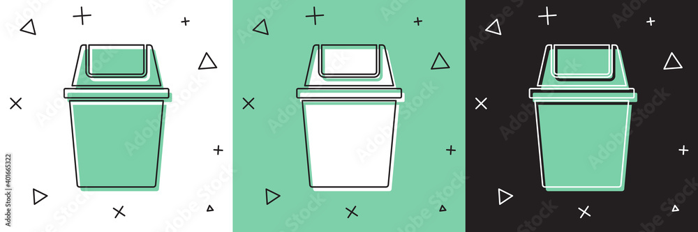 Set Trash can icon isolated on white and green, black background. Garbage bin sign. Recycle basket i