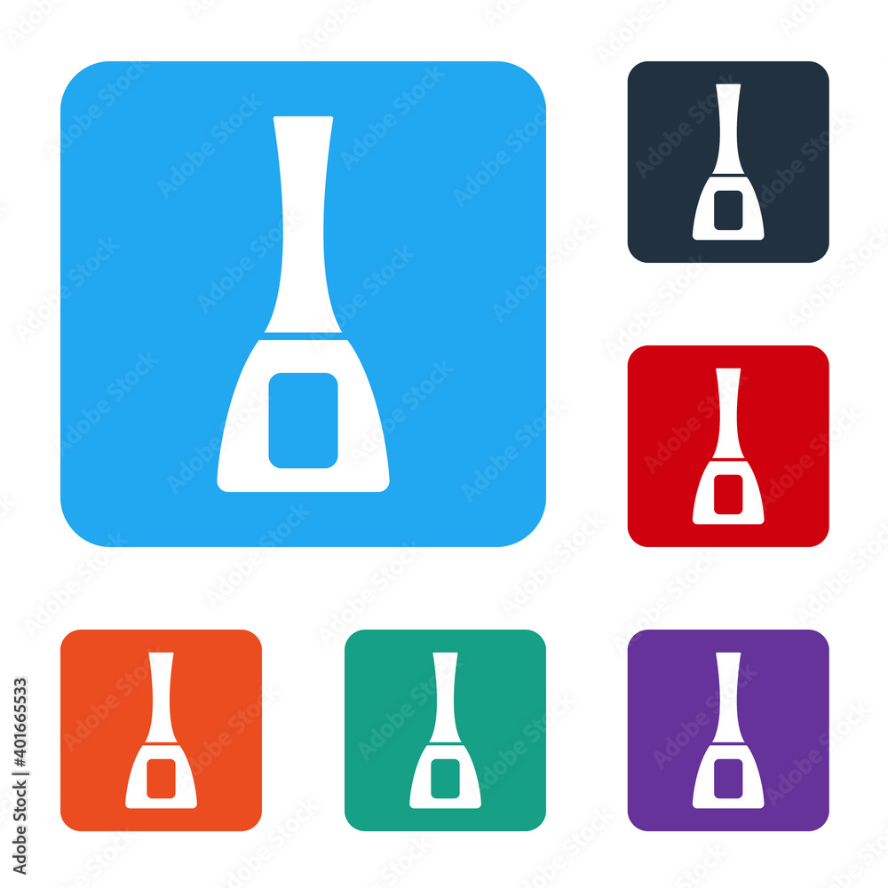 白色指甲油瓶图标隔离在白色背景上。将图标设置为彩色方形按钮。Vecto
