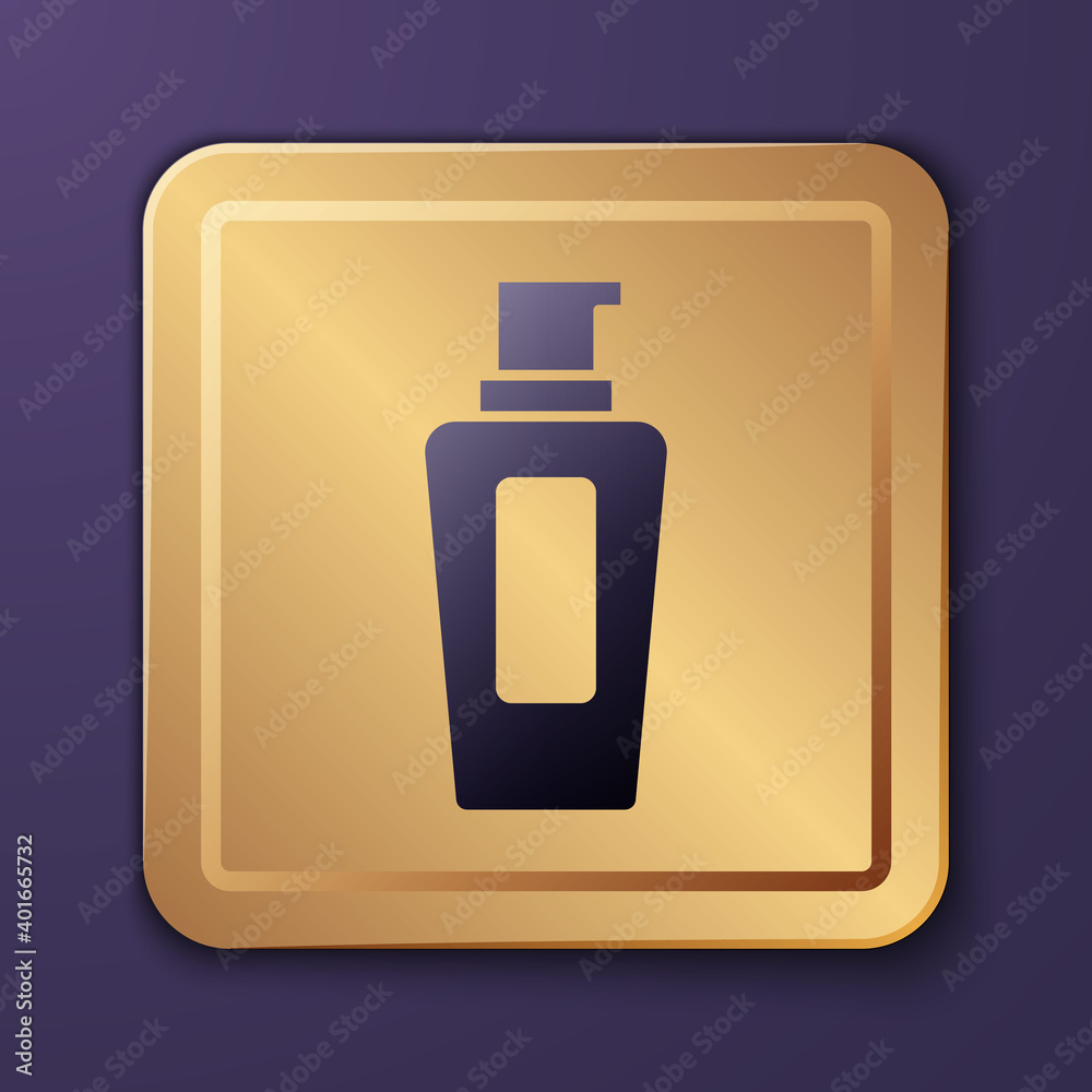 Purple Bottle of shampoo icon isolated on purple background. Gold square button. Vector.