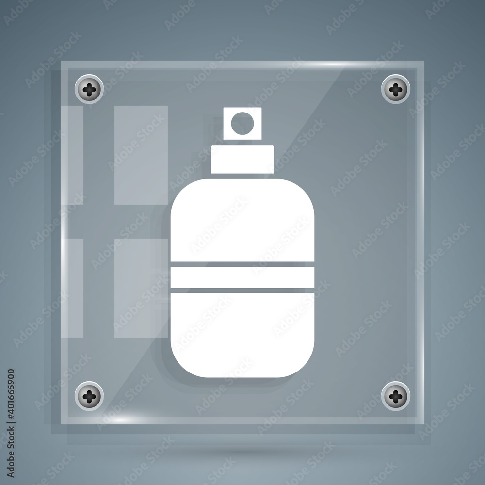 White Perfume icon isolated on grey background. Square glass panels. Vector.