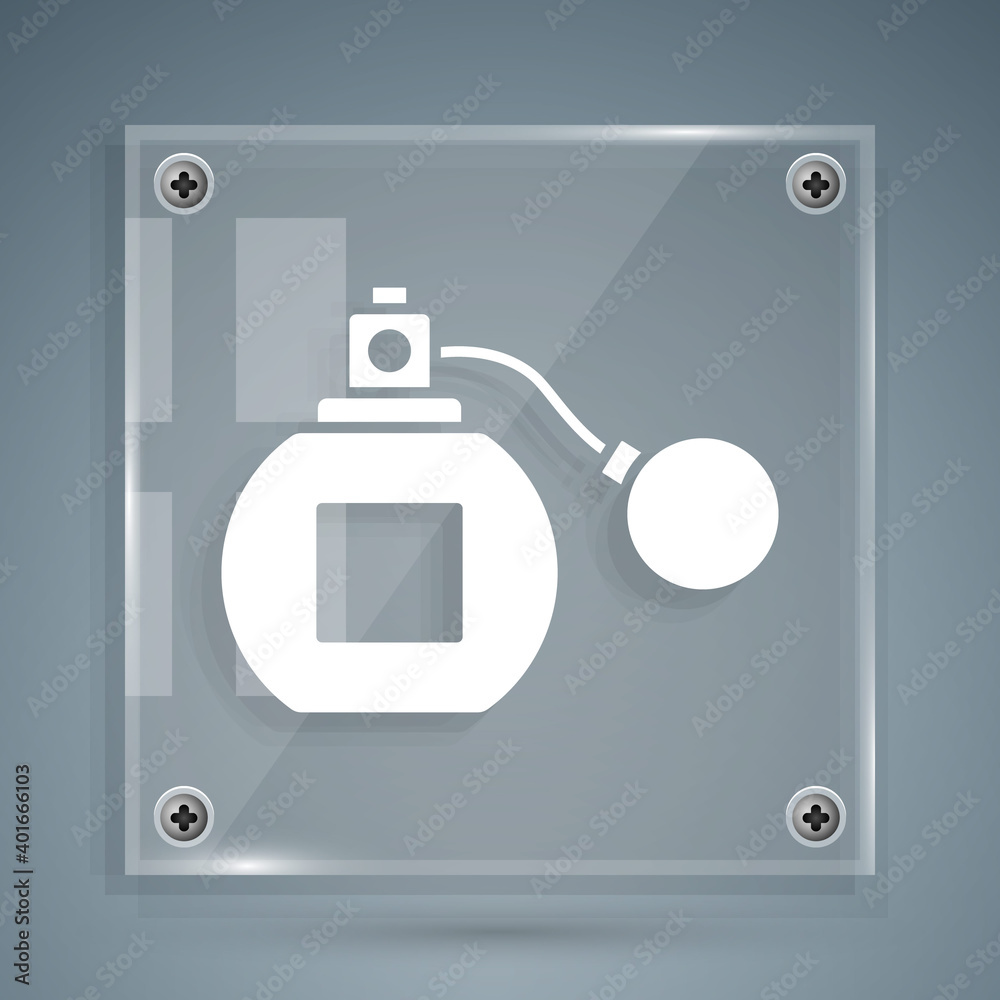 White Perfume icon isolated on grey background. Square glass panels. Vector.