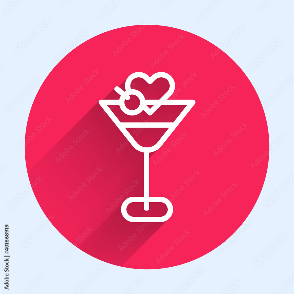 White line Martini glass icon isolated with long shadow. Cocktail icon. Wine glass icon. Red circle 