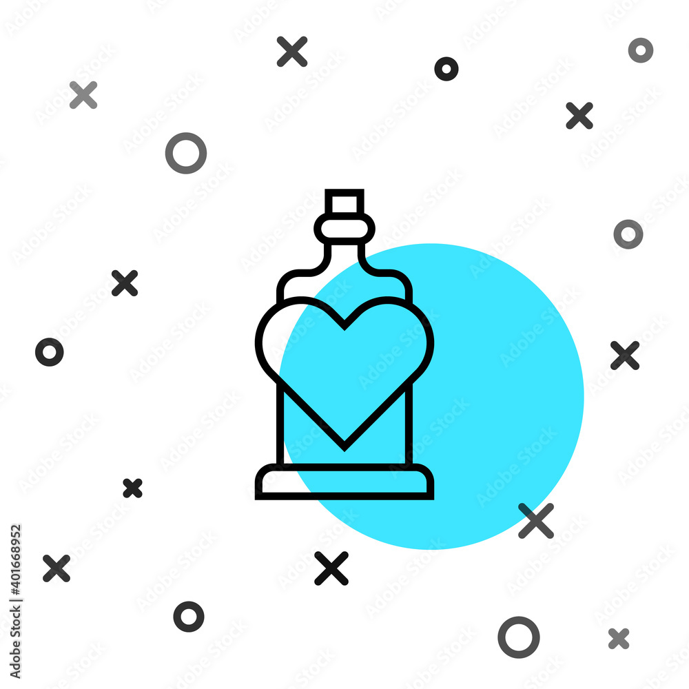 Black line Bottle with love potion icon isolated on white background. Valentines day symbol. Random 