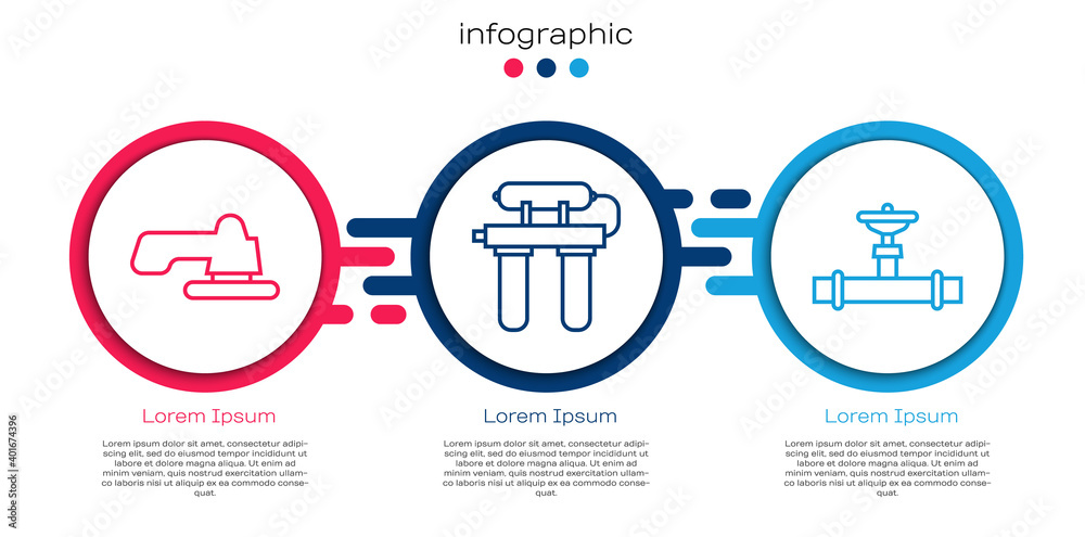 设置水龙头、滤水器和工业管道和阀门的管线。业务信息图模板。矢量。