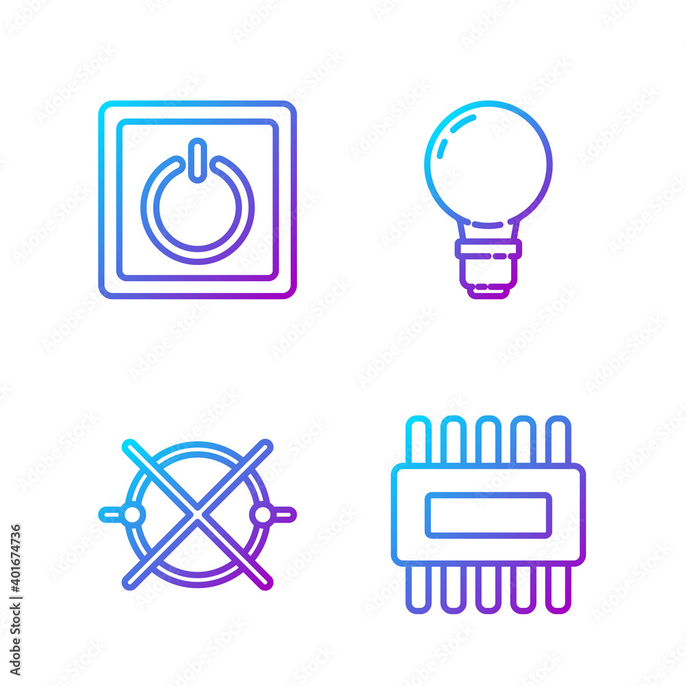 Set line Processor with microcircuits CPU, Electric circuit scheme, Electric light switch and Light 