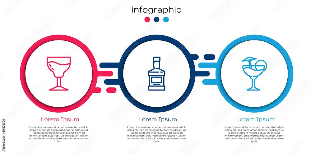 设线酒杯、威士忌瓶和鸡尾酒。商业信息图模板。矢量。