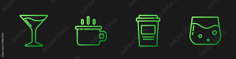 Set line Coffee cup to go, Martini glass, and Glass whiskey. Gradient color icons. Vector.