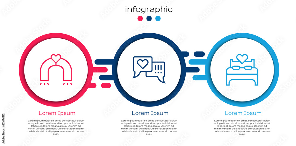 Set line Love magnet, Heart in speech bubble and Bedroom. Business infographic template. Vector.