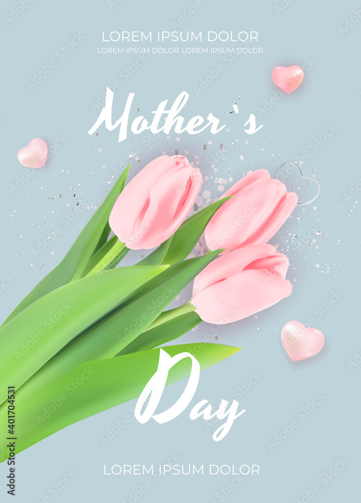 Happy Mother`s Day Card with Realistic Tulip Flowers. Vector Illustration EPS10