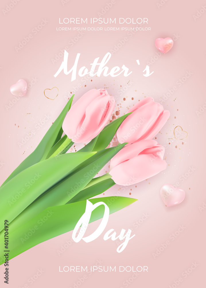 Happy Mother`s Day Card with Realistic Tulip Flowers. Vector Illustration EPS10