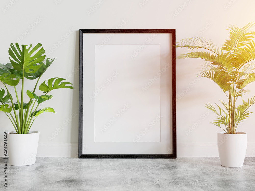 Black frame leaning on floor in interior mockup. Template of a picture framed on a wall 3D rendering