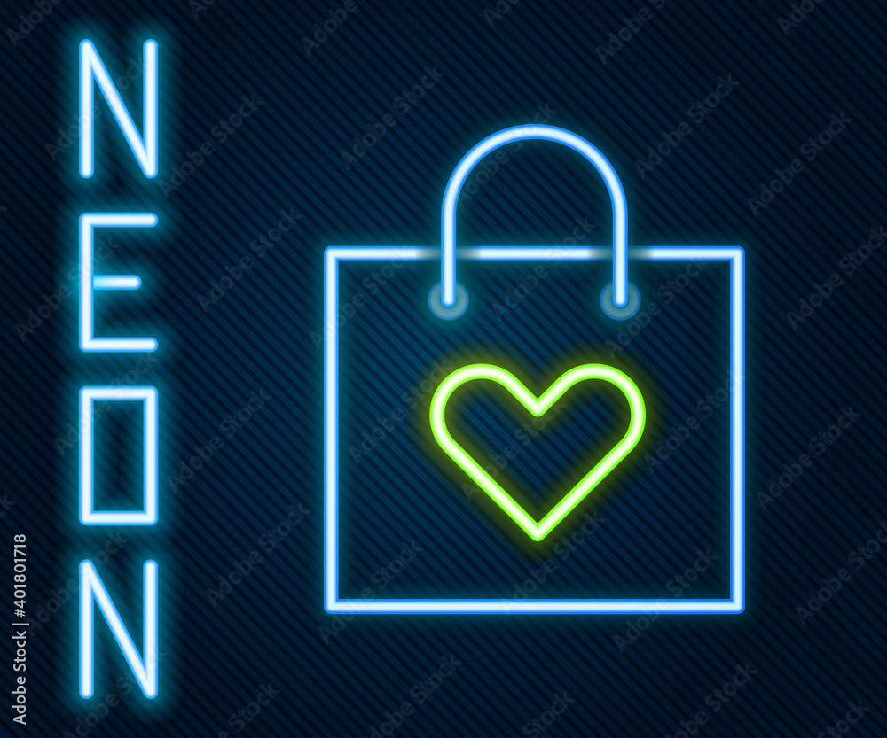 Glowing neon line Shopping bag with heart icon isolated on black background. Shopping bag shop love 