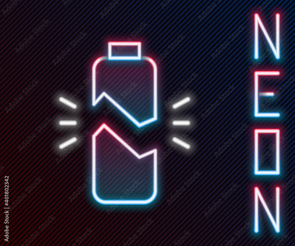 Glowing neon line Broken battery icon isolated on black background. Colorful outline concept. Vector