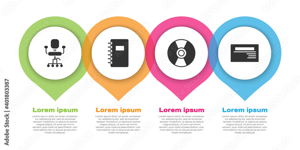 设置办公椅、螺旋笔记本、CD或DVD光盘和名片。商业信息图模板。