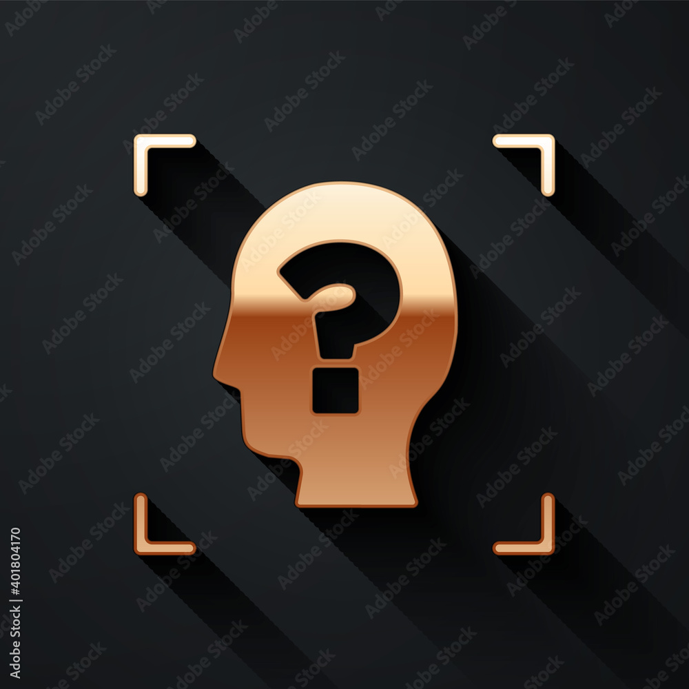 Gold Face recognition icon isolated on black background. Face identification scanner icon. Facial id