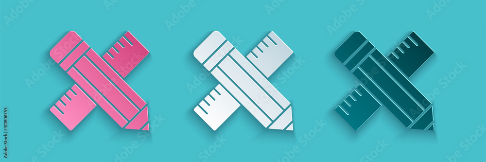 Paper cut Crossed ruler and pencil icon isolated on blue background. Straightedge symbol. Drawing an