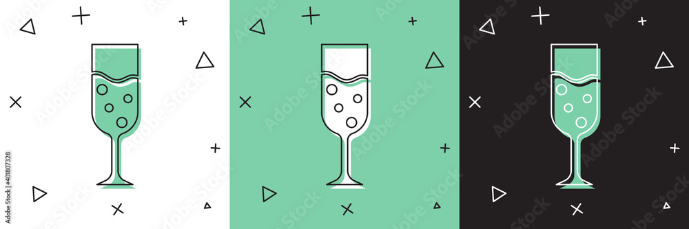 Set Glass of champagne icon isolated on white and green, black background. Vector.