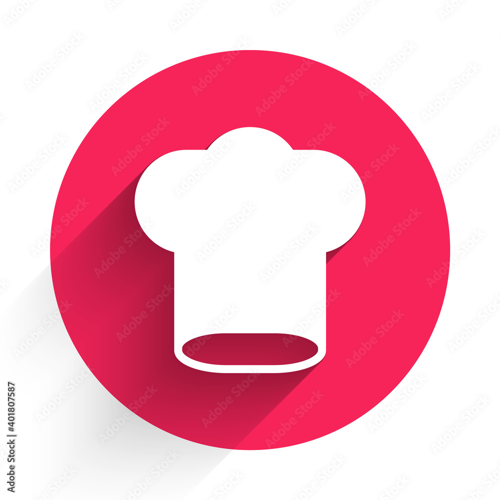 White Chef hat icon isolated with long shadow. Cooking symbol. Cooks hat. Red circle button. Vector.