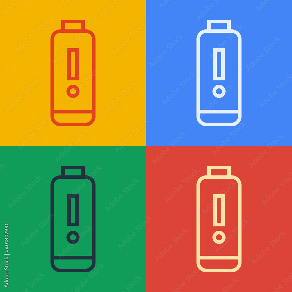 Pop art line Battery charge level indicator icon isolated on color background. Vector Illustration.