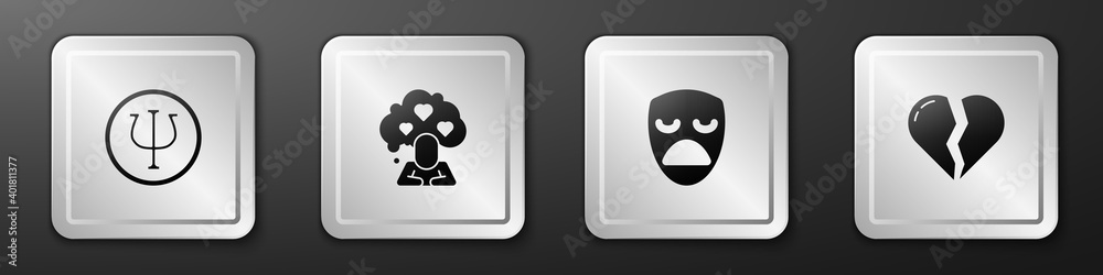 Set Psychology, Psi, Broken heart or divorce, Drama theatrical mask and icon. Silver square button. 