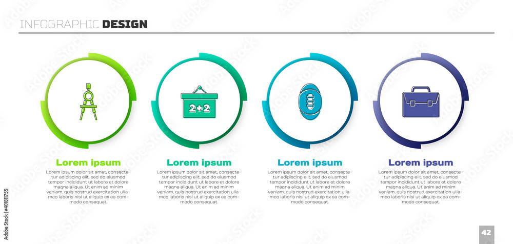 设置绘图指南针、黑板、美式足球和公文包。商业信息图形模板