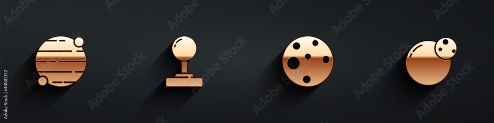 Set Planet, Joystick, Mars and icon with long shadow. Vector.